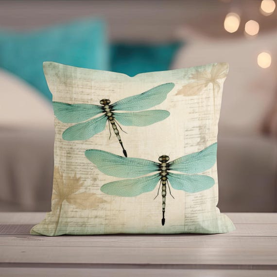 Dragonflies Pillow Cover - Throw Pillow, Vintage Accent Pillow for Couch, Chair or Bed, Cottage Decor, Decorative Pillow, Dragonfly Gift