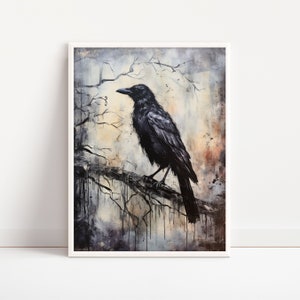 Crow Art Print, Halloween Art Print, Gothic Art Print, Creepy Wall Art, Spooky Halloween Crow, Black Crow Printable Art, Digital Download