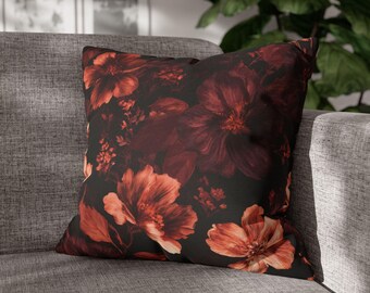 Dark Floral Throw Pillow, Burgundy Pillow Cover, Black Rust Botanical Decor, Moody Vintage Floral Pillow, Romantic Fall Home Decor