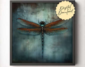 Dragonfly Wall Art, Digital Download, Teal Blue Wall Decor, Distressed Abstract, Dragonfly Art Print, Vintage Style, Fantasy Home Decor