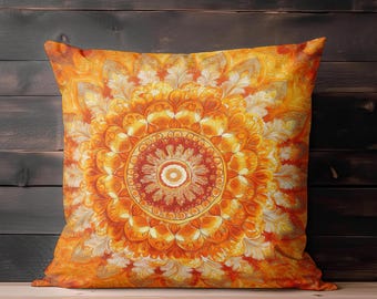 Mandala Throw Pillow - Boho Vintage Inspired Sunburst Decorative Pillow Bohemian Decor, Orange Throw Pillow Spiritual Meditation Home Decor