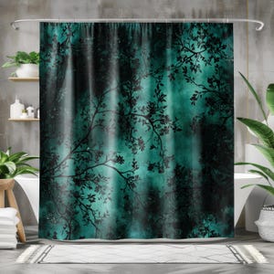 Dark Green Shower Curtain - Teal Floral Shower Curtain, Botanical Boho Dark Forest, Leaves Whimsigoth Gothic Designer Bathroom Decor