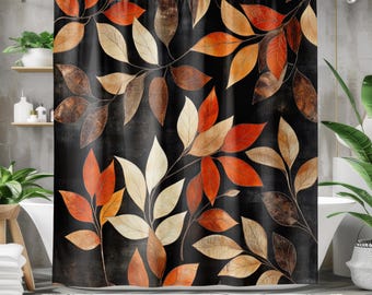 Fall Shower Curtain - Brown & Orange Bathroom Decor, Beige Autumn Leaves, Warm Designer Bathroom Decor