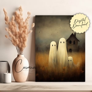 May include: A digital download print featuring a spooky Halloween scene. Three white ghost figures stand in a field of tall grass, with a house in the background. The print has a vintage, painterly style, with the words "Digital Download" on a yellow tag.