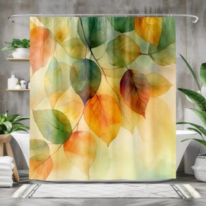 Green Shower Curtain - Autumn Watercolor Fall Leaves Boho Designer Bathroom Decor