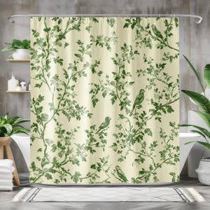 Green Shower Curtain - Boho Shower Curtain, Elegant Vintage Style, Birds, Botanical Floral Sage Cottagecore Designer Bathroom Decor