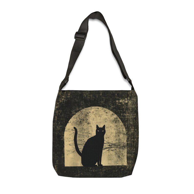 Bolso tote de gato negro - Bolso tote con correa ajustable - Bolso tote de Halloween con cremallera, bolso tote de gato espeluznante, bolso tote gótico, bolso de hombro de gato tenebroso imagen 2