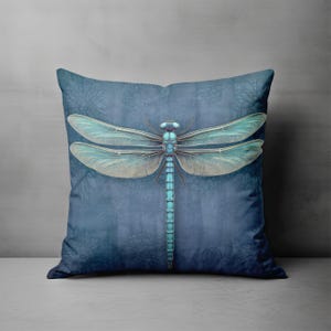 Dragonfly Throw Pillow - Dark Blue Accent Pillow with Turquoise Dragonfly for Couch, Decorative Pillow, Whimsical Cottage Dragonfly Decor immagine 1