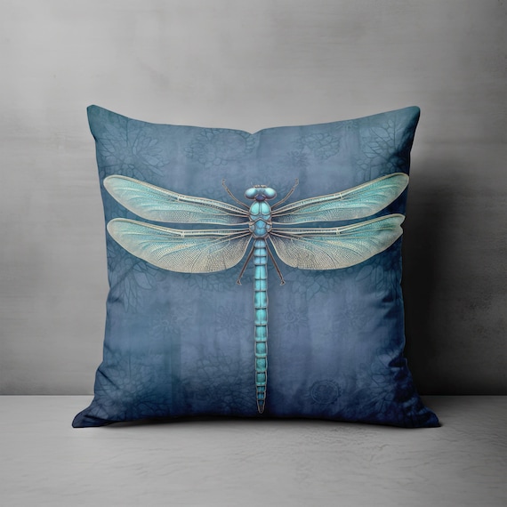 Dragonfly Throw Pillow - Dark Blue Accent Pillow with Turquoise Dragonfly for Couch, Decorative Pillow, Whimsical Cottage Dragonfly Decor