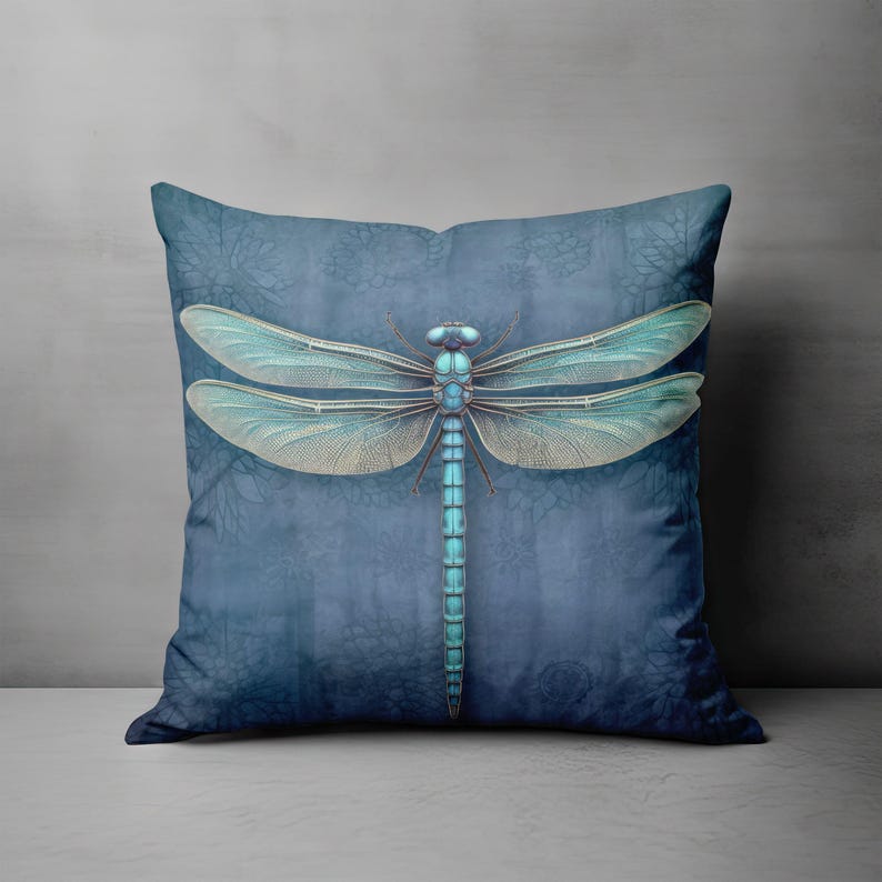 Dragonfly Throw Pillow - Dark Blue Accent Pillow with Turquoise Dragonfly for Couch, Decorative Pillow, Whimsical Cottage Dragonfly Decor immagine 1