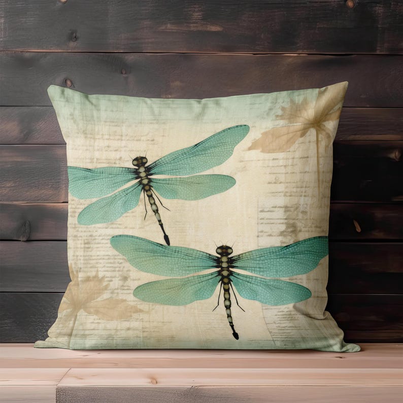 Dragonflies Pillow Cover - Throw Pillow, Vintage Accent Pillow for Couch, Chair or Bed, Cottage Decor, Decorative Pillow, Dragonfly Gift image 2