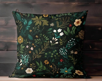 Botanical Floral Throw Pillow Cover - Dark Green Cushion with Vintage Style Cottagecore Flowers Nature Inspired Home Decor