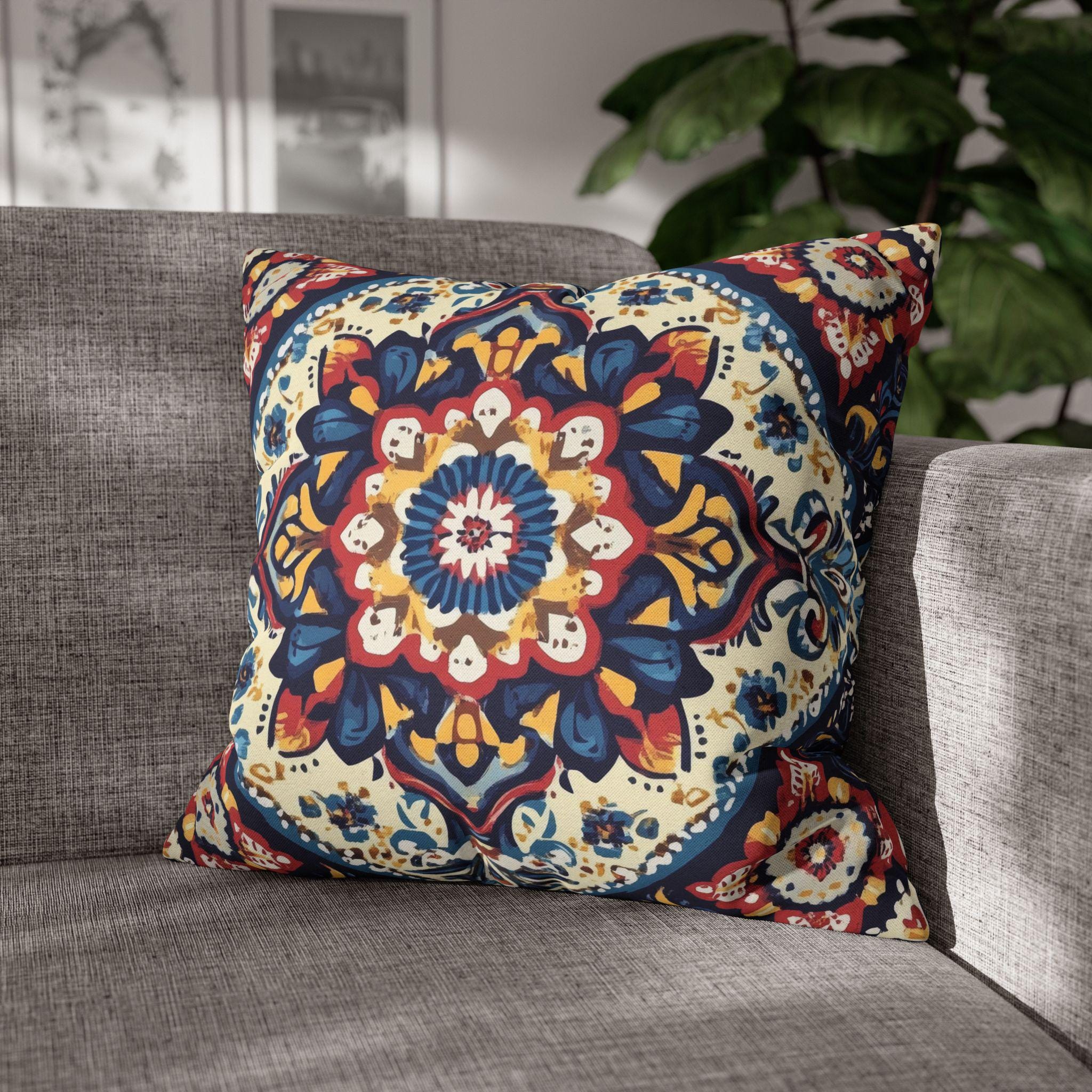 Boho Throw Pillow Cover Mandala Yellow Dark Blue Bohemian