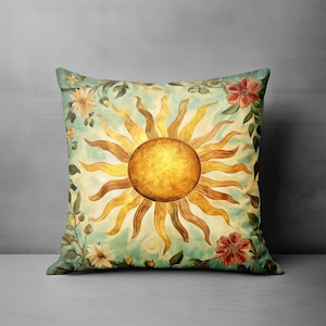 Sun Throw Pillow Cover - Boho Whimsical Decorative Pillow Vintage Style Floral Design Celestial Sun Unique Couch Pillow Home Decor Gift