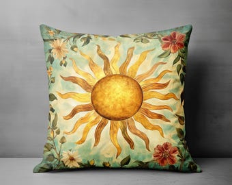 Sun Throw Pillow Cover - Boho Whimsical Decorative Pillow Vintage Style Floral Design Celestial Sun Unique Couch Pillow Home Decor Gift