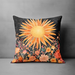 Sun Throw Pillow Cover - Boho Whimsical Decorative Pillow Vintage Style Floral Design Sunflower Unique Couch Pillow Home Decor Gift