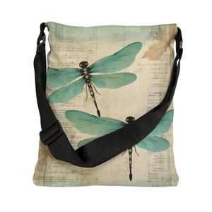 Dragonfly Tote Bag - Adjustable Strap Tote Bag with Zipper Pocket, Unique Vintage Style Tote Bag, Turquoise Dragonfly Shoulder Bag