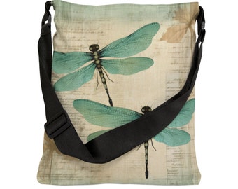 Dragonfly Tote Bag - Adjustable Strap Tote Bag with Zipper Pocket, Unique Vintage Style Tote Bag, Turquoise Dragonfly Shoulder Bag