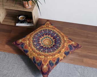 Purple and Gold Meditation Pillow Mandala Floral Square Tufted Floor Pillow, Yoga Room Decor, Boho Bohemian Spiritual Home Decor