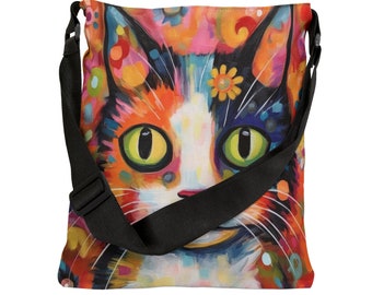 Cat Tote Bag - Adjustable Strap Tote Bag with Zipper Pocket - Cute Calico Cat - Colorful Whimsical Shoulder Bag, Gift for Cat Lover
