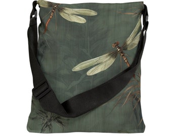 Dragonfly Tote Bag - Adjustable Strap Tote Bag with Zipper Pocket, Unique Vintage Style Tote Bag, Olive Green Dragonfly Shoulder Bag
