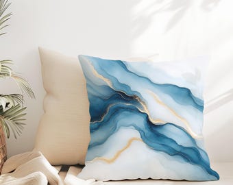 Housse de coussin en marbre, coussin décoratif aquarelle élégant bleu et or moderne pour canapé ou lit, décoration d'intérieur minimaliste