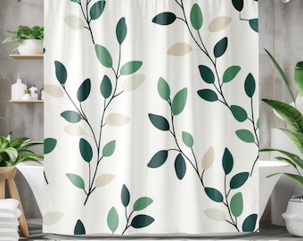 Green Leaves Shower Curtain - Boho Shower Curtain, Plant Leaves Botanical Minimalist Fabric Shower Curtain Bathroom Decor
