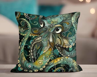 Octopus Throw Pillow, Octopus Pillow Covers, Throw Pillow Covers, Throw Pillow, Octopus Pillowcase, Ocean, Dark Green, Whimsical Home Decor