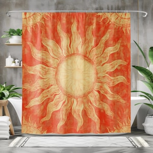 Sun Shower Curtain - Unique Shower Curtain Sunbeam Orange Shower Curtain Spiritual Yellow Rustic Vintage Style Boho Designer Bathroom Decor