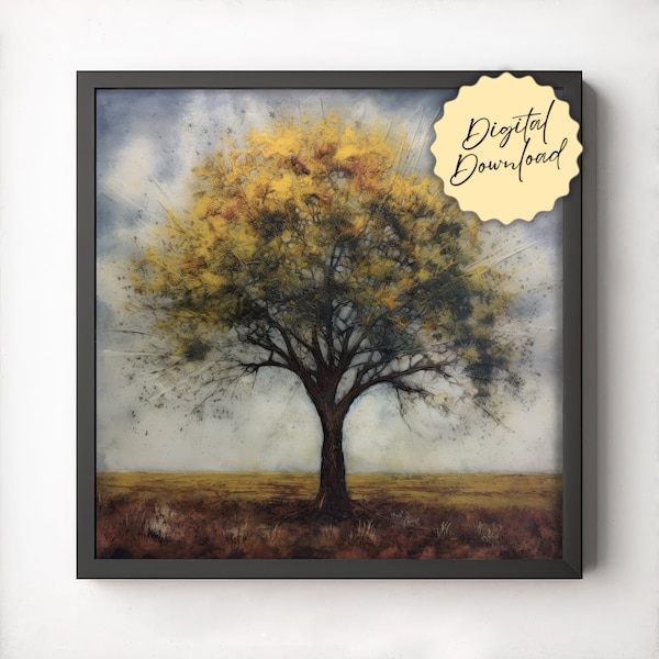 Tree Wall Art - Digital Download, Square Print, Encaustic Style, Abstract Tree, Nature Horizon, Home Wall Decor, Fall Green Colored Leaves