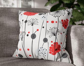 Modern Throw Pillow - Floral Throw Pillow, Black Red White Contemporary  Accent Dandelion Abstract Cute Minimalist Whimsical Home Decor