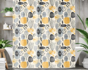 Scandinavian Curtain - Modern Shower Curtain, Abstract Botanical Decor, Mustard Yellow Designer Bathroom Decor, Gray & Yellow Home Decor