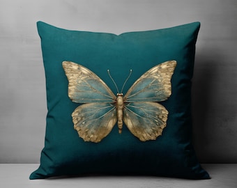 Coussin décoratif papillon bleu sarcelle foncé, housse de coussin papillon doré, coussin décoratif de luxe, oreiller minimaliste moderne, décoration d'intérieur élégante