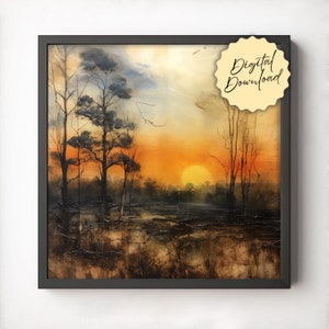 Horizon Wall Art, Digital Download, Printable Art, Encaustic Style Print, Neutral Wall Art, Brown and Gray Decor, Wooded Art, Landscape Art