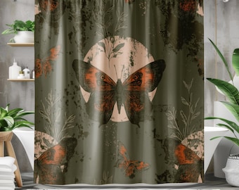 Moody Butterfly Shower Curtain, Olive Green Botanical Bathroom Decor, Boho Earthy Bath Curtain, Nature Inspired Rustic Cottagecore Decor