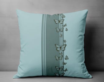 Coussin décoratif minimaliste en forme de papillon, housse de coussin à rayures bleues et vertes, coussin botanique moderne, coussin décoratif spa, coussin décoratif nature simple