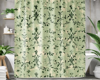 Sage Green Shower Curtain - Boho Shower Curtain, Elegant Vintage Inspired Botanical Floral Sage Cottagecore Whimsical Bathroom Decor