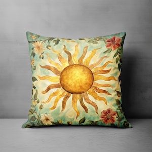 Sun Throw Pillow Cover - Boho Whimsical Decorative Pillow Vintage Style Floral Design Celestial Sun Unique Couch Pillow Home Decor Gift