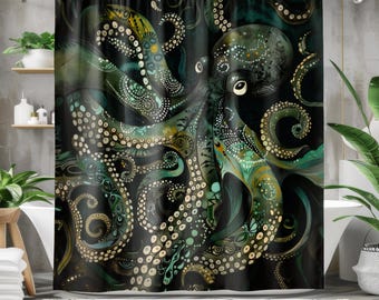 Octopus Shower Curtain - Dark Green Shower Curtain - Whimsical Ocean Theme Unique Shower Curtain Designer Shower Curtain Bathroom Decor