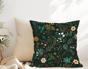 Dark Green Throw Pillow Cover - Dark Green Cushion with Vintage Style Cottagecore Flowers Boho Nature Inspired Home Decor