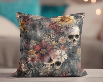 Gothic Throw Pillow, Skull Pillow Cover, Gothic Halloween Decor, Gothic Floral Pillow, Decorative Accent, Whimsigoth Spooky Home Decor