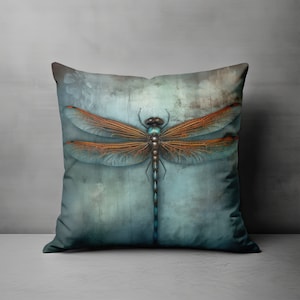 Dragonfly Throw Pillow - Abstract Throw Pillow, Grunge Accent Pillow for Couch, Chair, Turquoise Teal Blue Decorative Enchanting Decor Gift