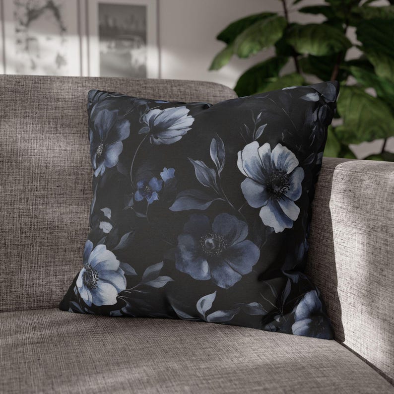 Whimsigoth Throw Pillow, Black Floral Pillow Covers, Gothic Throw Pillow, Moody Gray Decorative Pillow Blue Flower Accent Couch Home Decor image 1