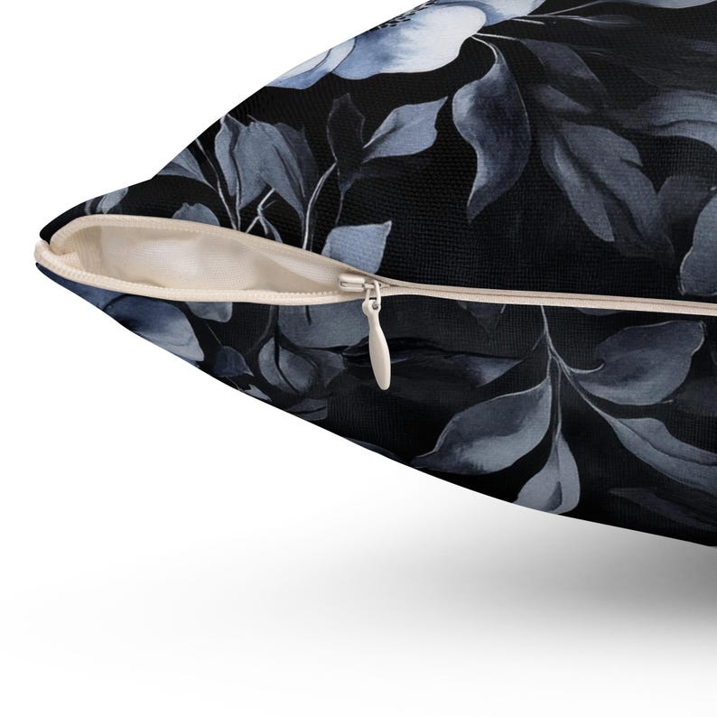 Whimsigoth Throw Pillow, Black Floral Pillow Covers, Gothic Throw Pillow, Moody Gray Decorative Pillow Blue Flower Accent Couch Home Decor image 3