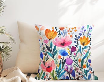 Wildflowers Throw Pillow - Colorful Floral Pillow Spring Wild Flower Summer Floral Accent Couch Pillow, Decorative Designer Home Decor