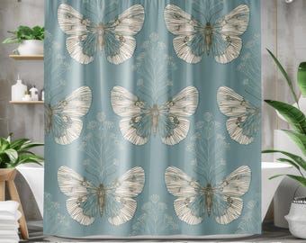 Rideau de douche papillon bleu, décoration de salle de bain botanique douce, rideau de bain de ferme côtière, rideau de douche bleu clair nature minimale