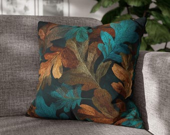 Housse de coussin bleu sarcelle - Coussin décoratif décoratif en feuilles d'automne pour canapé, décoration d'intérieur feuille bleu marron chaud