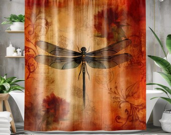 Rideau de douche Moody, libellule orange brûlé, décoration Cottagecore Whimsigoth rouille foncé
