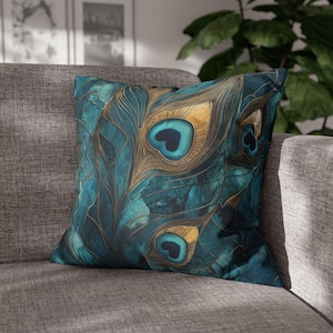 Peacock Throw Pillow Cover - Abstract Turquoise Decorative Pillow Unique Spiritual Peacock Feather Teal Blue Yellow Gold Pillow Home Decor