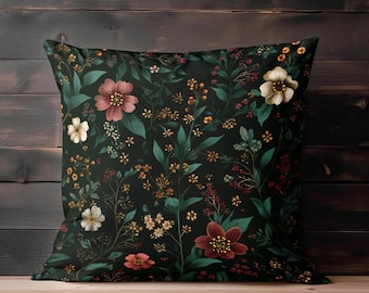 Dark Floral Throw Pillow Cover - Dark Green Cushion with Vintage Style Cottagecore Flowers Nature Inspired Boho Botanical Home Decor